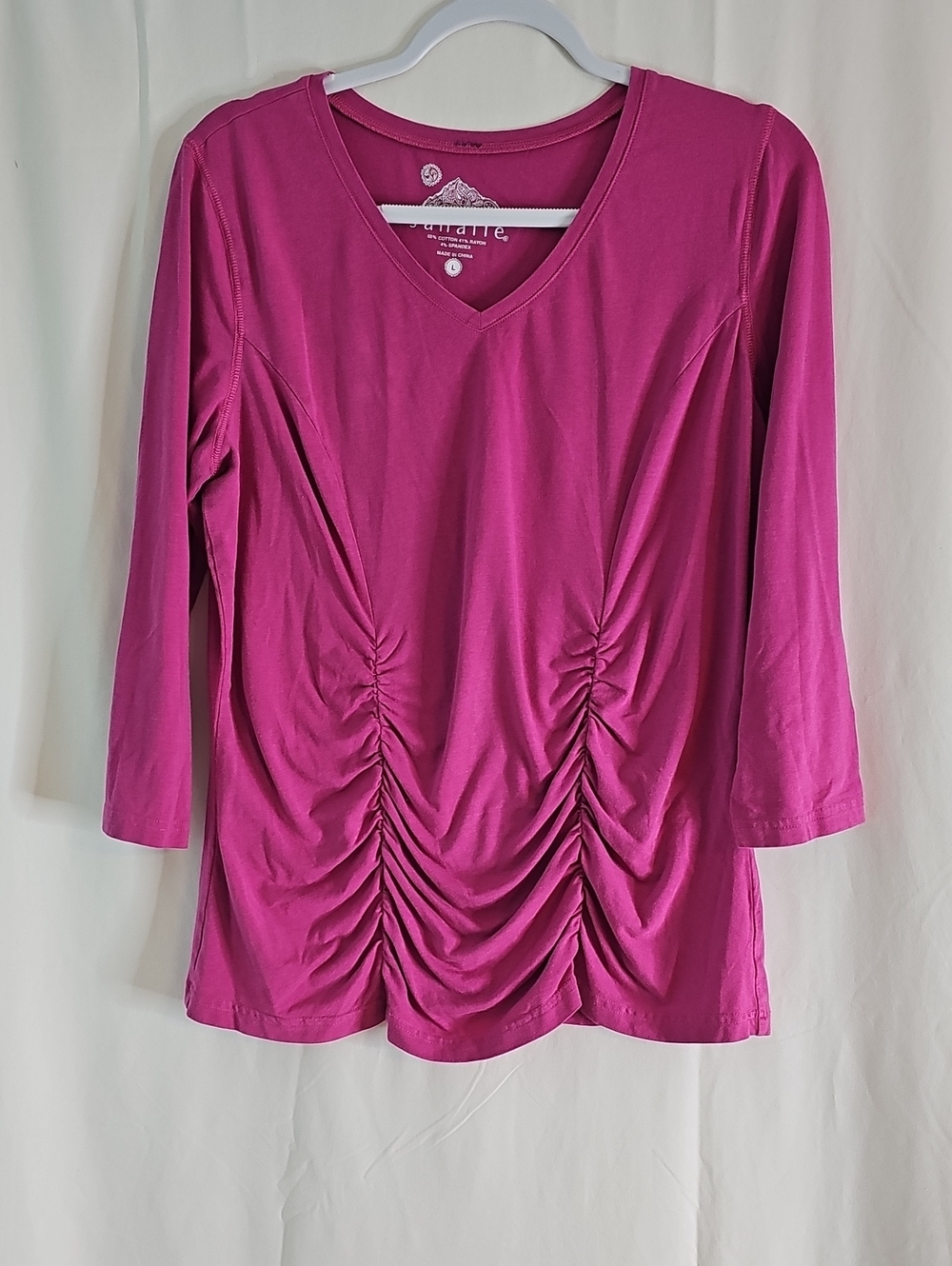 Sahalie Women's Magenta V-Neck Ruched Long Sleeve Top